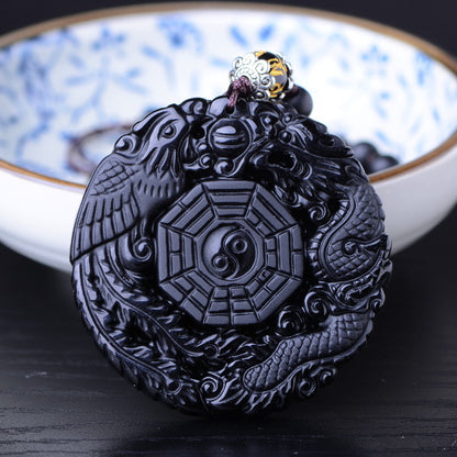 Harmony and Balance - Natural Black Obsidian Dragon and Phoenix Yin Yang Bagua Pendant Necklace