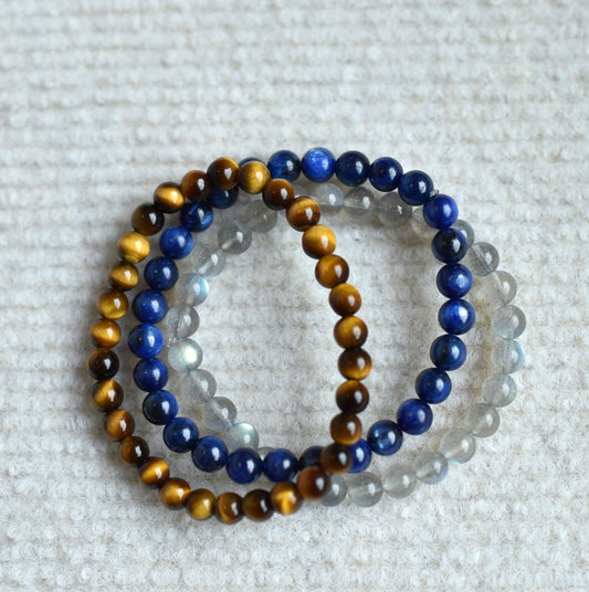 Courage&confidence-Bracelet set of Gray Moon Stone, Yellow Tiger's Eye, and Kyanite