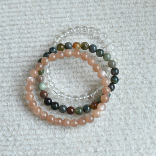 Well-being &Growth-Bracelets set of clear quartz, sunstone, and moss agate