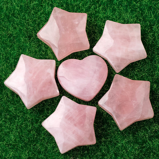 Natural Rose Quartz Stone Heart Pentagram Talisman
