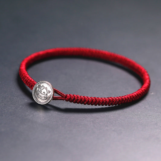 S925 Sterling Silver Bull Head  tibetan Vajor Knot Red String Bracelet