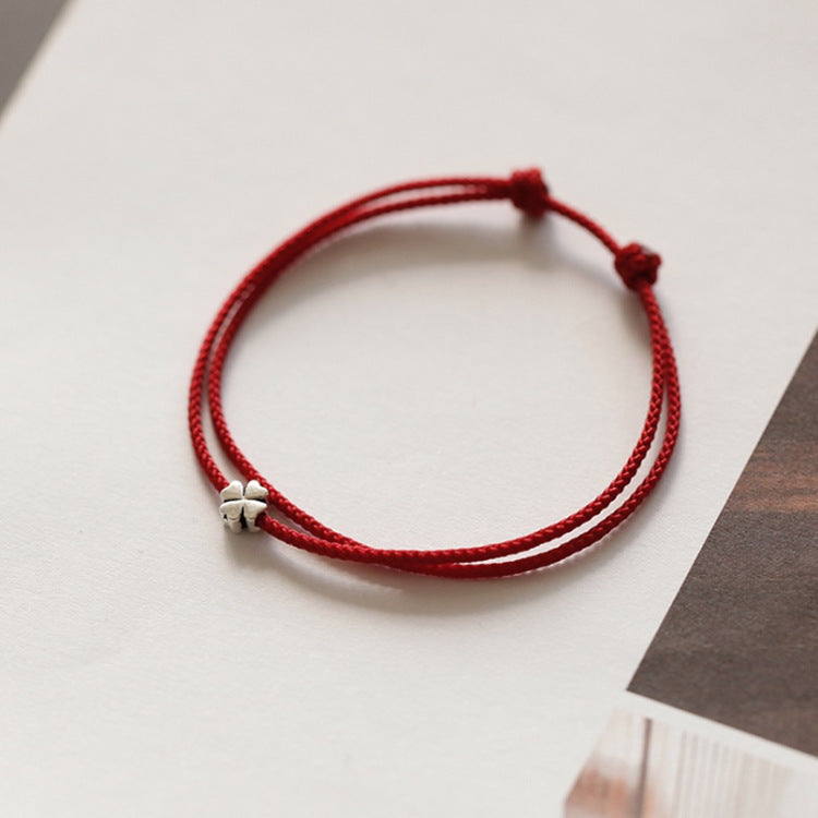 Silver Four-Leaf Clover  Red Cord Bracelet