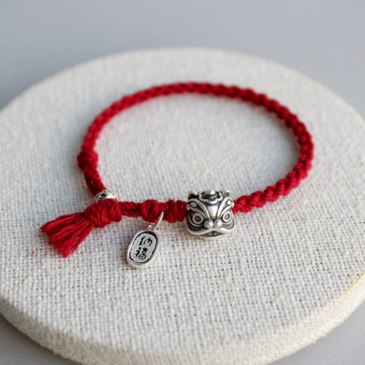 Protection-Silver Majestic Lion  Red Rope Bracelet