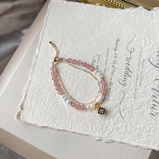 Strawberry quartz and natural pearl double-layer bracelet