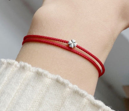 Silver Four-Leaf Clover  Red Cord Bracelet